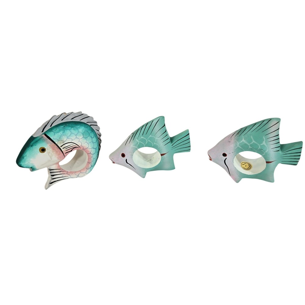 Fish Napkin Rings Holders Wooden Teal Blue Beach Nautical Kitchen Decor Set of 3